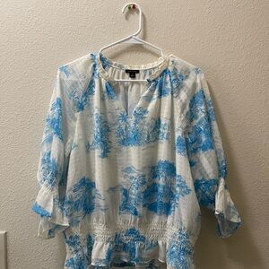 Ann Taylor White Blouse with Blue Print